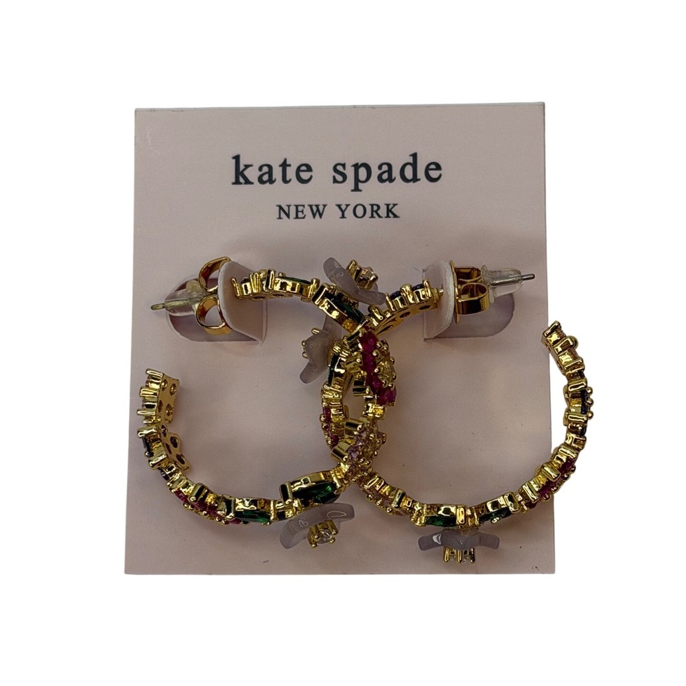 Kate Spade New York Gold Tone Multi Color Floral Crystal Hoop Earrings NWT